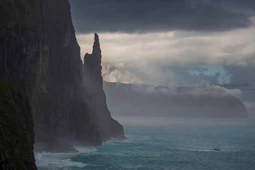 The Witcher Finger in Vagar with dramatic sky at Faroe Island