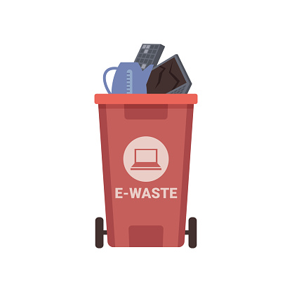 Red recycle garbage bin for e-waste isolated flat cartoon vector illustration. Separation of waste cans for recycling, reuse, reduce. Throw away electronic devices in trash can. TV, computer, kettle