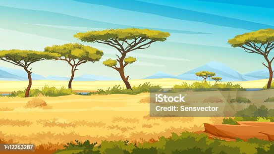 istock African savannah landscape with green trees, and plain grassland field under blue clear sky, river and jungle plants. Kenya panoramic view, mountains and skyline, wild nature 1412263287