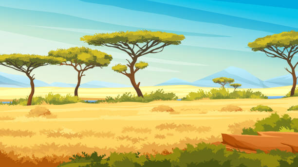 African savannah landscape with green trees, and plain grassland field under blue clear sky, river and jungle plants. Kenya panoramic view, mountains and skyline, wild nature vector art illustration