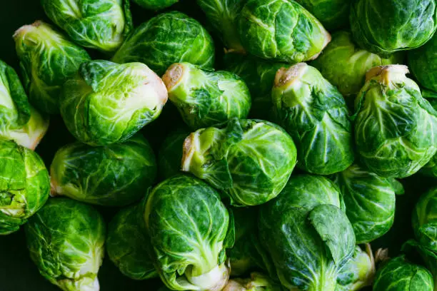Closeup of a pile of Brussels sprouts viewed from directly above