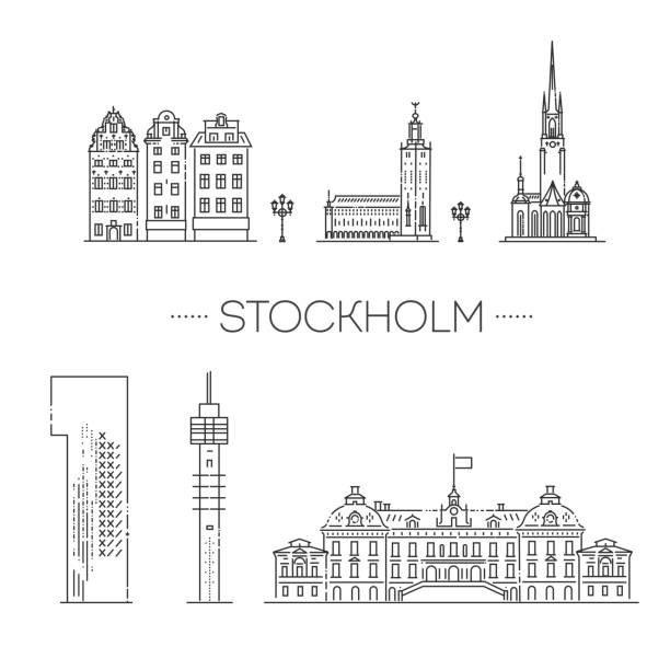 illustrazioni stock, clip art, cartoni animati e icone di tendenza di stoccolma, line art illustrazione vettoriale con tutti gli edifici famosi - stockholm