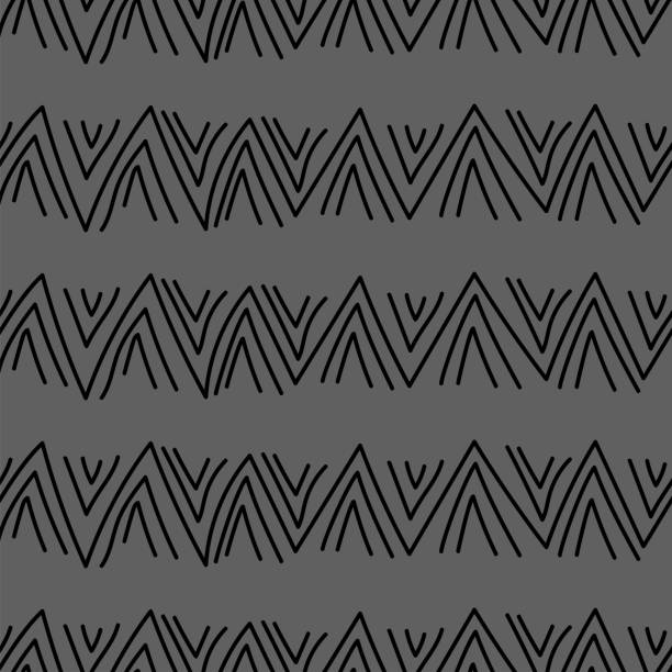 ベクトル。手描きの幾何学模様。モノクロの抽象的なアウトラインシェブロン、チェックマーク、ジグザグ。幾何学的なテクスチャ、幾何学的な形状を繰り返します。モザイクの抽象的な背� - chevron pattern zigzag doodle点のイラスト素材／クリップアート素材／マンガ素材／アイコン素材