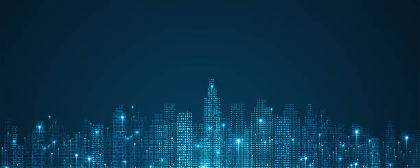 Cityscape on dark blue background with bright glowing neon. Technology city background Cityscape on dark blue background with bright glowing neon. Technology city background smart city stock illustrations