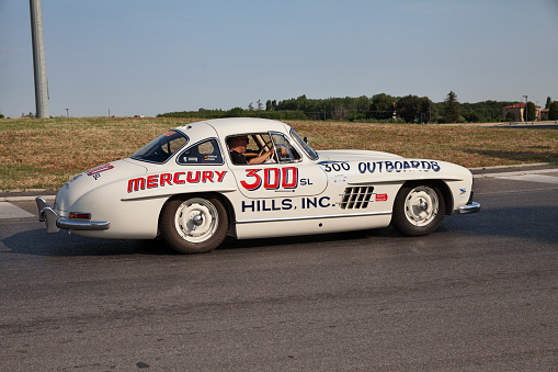 Mercedes-Benz 300 SL W198 Gullwing (1954) of the Kiekhaefer Mercury Outboards Racing Teams in classic car race Mille Miglia, in Forlimpopoli, FC, Italy, on June 16, 2022