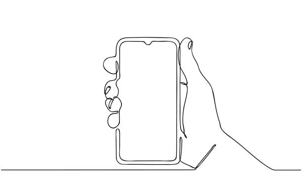 ilustrações, clipart, desenhos animados e ícones de mão segurando celular. desenho contínuo de uma linha de smartphone. contorno desenhado à mão editável. vetor - smart phone telephone human hand mobile phone