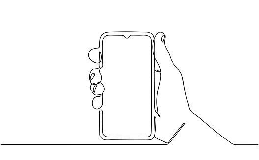 Hand Holding Mobile Phone. Continuous one line drawing of smartphone. Editable hand drawn contour. Vector illustration