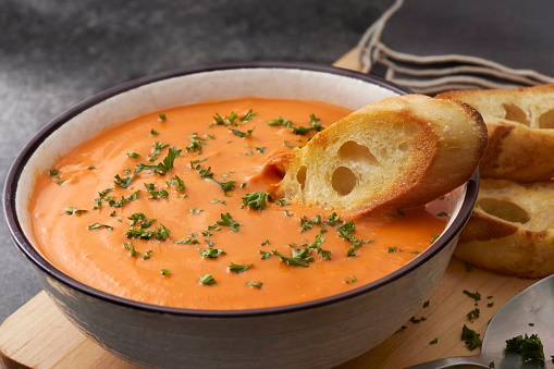 Tomato Bisque with Toasted Baguette Slices