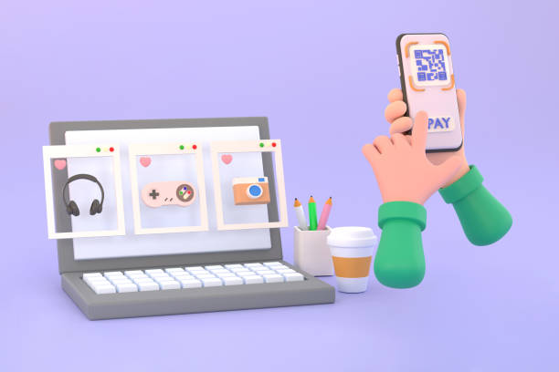 istock hand hold mobile shopping. Laptop screen flat design template for mobile apps. Shopping online concept. 1412267038