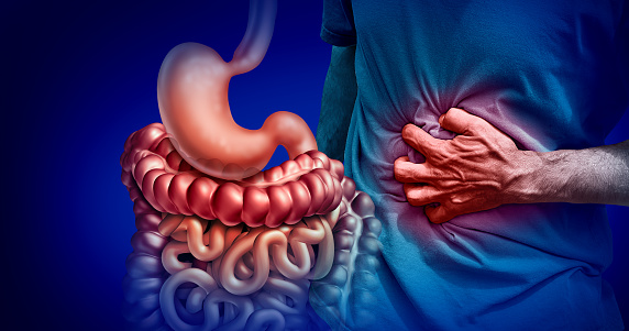 Stomach Pains or stomachache with a painful digestive system ache as an abdominal illness or IBS and Ulcers representing intestinal inflammation or bloating with 3D illustration elements.
