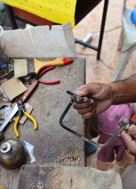 istock Rough and dirty hands of working people are using working tools. 1412269643