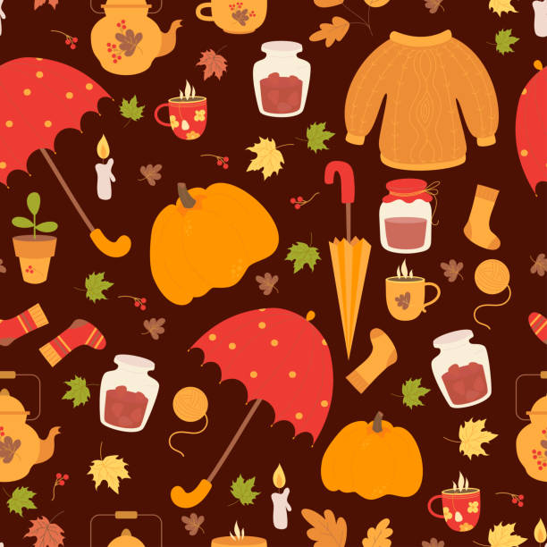 Autumn seamless pattern. Cozy, knitted sweater and socks, jar of jam, cup and teapot, hot tea, an umbrella and pumpkin on burgundy background with autumn leaves. Vector illustration. Autumn seamless pattern. Cozy, knitted sweater and socks, jar of jam, cup and teapot, hot tea, an umbrella and pumpkin on burgundy background with autumn leaves. Vector illustration knitted pumpkin stock illustrations