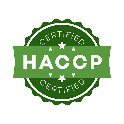 HACCP - Hazard Analysis Critical Control Points certified emblem color flat style isolated on white background. Award, checkmark, sign. 10 eps