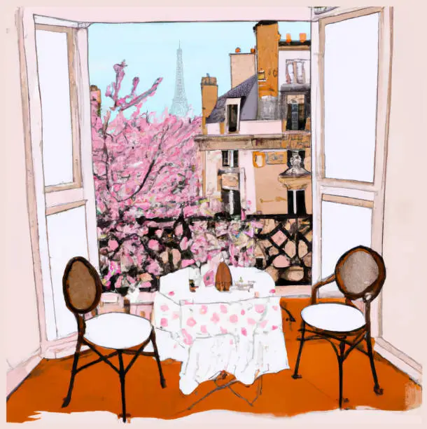 Vector illustration of Paris, France window opened on the Eiffel tower in springtime