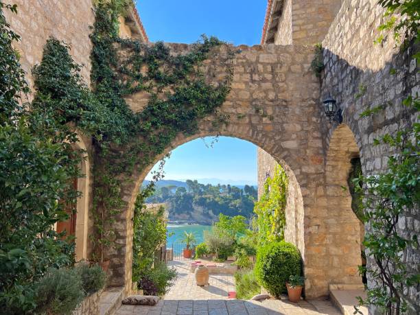 ancient street in old town of ulcinj, montenegro - sky sea town looking at view imagens e fotografias de stock