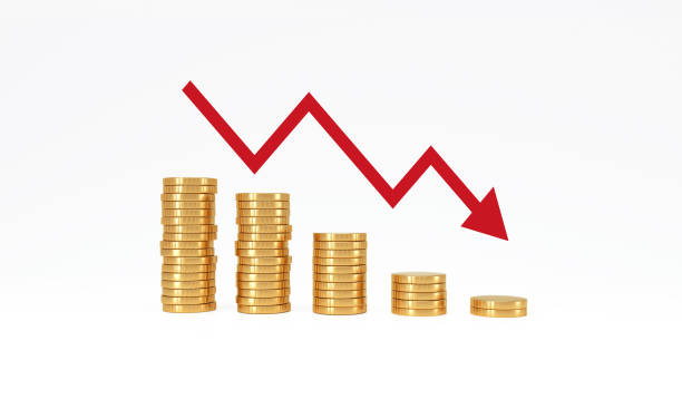 istock Coin stack step down graph with red arrow on white background. management business financial and investment concept. 1412272973