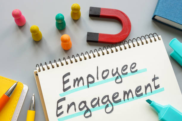 istock Phrase employee engagement near magnet and figurines. 1412273143