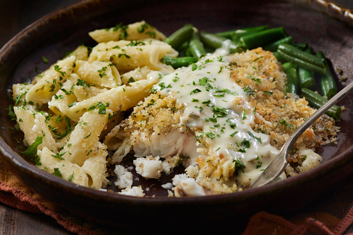 Parmesan Crusted Tilapia with a Creamy Garlic Sauce, Green Beans and Penne Pasta