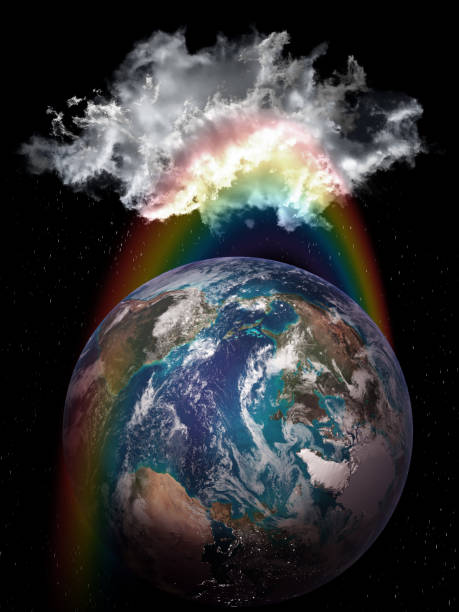 istock Rainboll ring around planet Earth, cloud and rain. Conceptual collage. Elements of this image furnished by NASA. 1412276307
