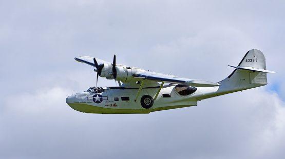Ickwell, Bedfordshire, England - September 06, 2020: Vintage  PBY-5A Catalina “Miss Pick Up” (G-PBYA) Flying Boat  in Flight.