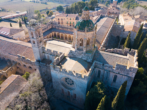 View from drone of Monastery of Santa Maria de Santes Creus, Spain