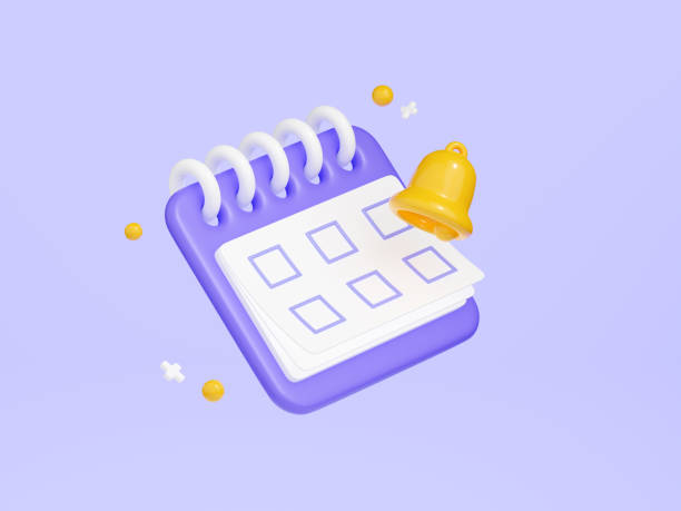 istock Reminder in calendar 3d render - cute purple calendar with empty check points on white paper and yellow bell. 1412283799