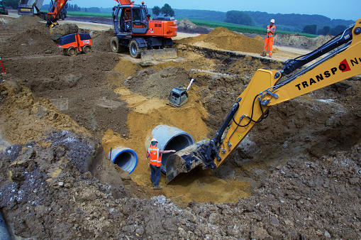 Kerkrade, the Netherlands, - April 12, 2015. Construction and digging for an main sewage system, related to a new highway in the country.