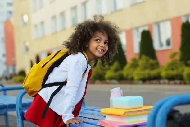 Portrait of Cute Black schoolgirl eating outdoors next the school. Healthy school breakfast for child. Food for lunch, lunchboxes with sandwiches, fruits, vegetables, and water.