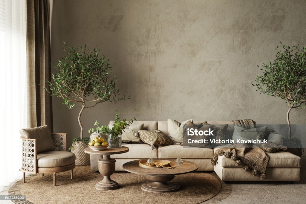 A living room filled with furniture and vase of plants on a table. High quality illustration 3d rendering scandinavian boho style. A living room filled with furniture and vase of plants on a table. High quality illustration 3d render scandinavian boho style. Living Room Stock Photo