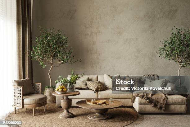 A Living Room Filled With Furniture And Vase Of Plants On A Table High Quality Illustration 3d Rendering Scandinavian Boho Style Stock Photo - Download Image Now