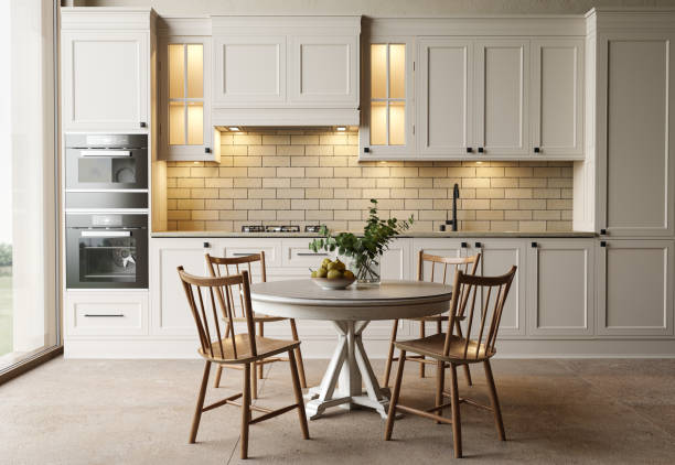 istock Light color kitchen with a dining room table. High quality illustration 3d render illustration. Retro style vintage apartment. 1412288299