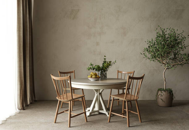 istock Dining room table. High quality illustration 3d render. Mockup empty wall. Country interior design with scandinavian plants. 1412288326