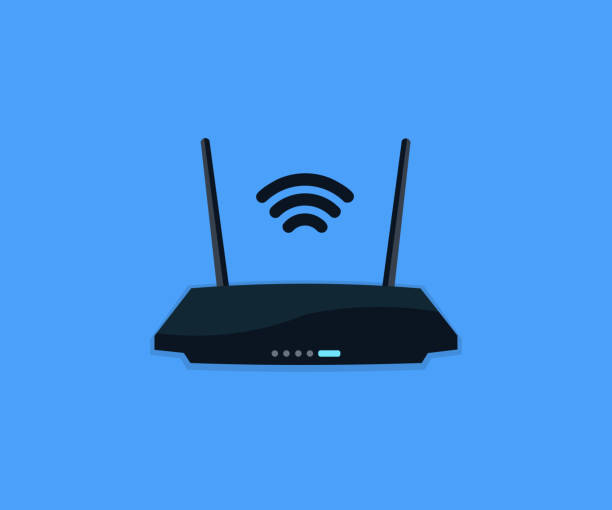 ilustraciones, imágenes clip art, dibujos animados e iconos de stock de router wi-fi de red con dos antenas. banda ancha, señal de internet inalámbrica wifi, conexión a internet concepto de negocio diseño vectorial e ilustración. - router