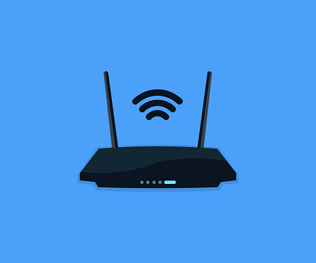 Network wi-fi router with two antennas. Broadband, Wifi wireless internet signal, Internet connection business concept vector design and illustration.