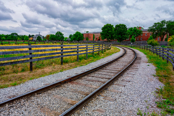 istock Curve railway in village over sky background 1412290312