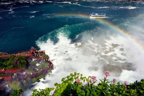 Beautiful landscape photo of white splash water fall at Cave of the wind Niagara Falls with birds seagull flying over, colorful rainbow with yacht on the water background, summer time in USA.