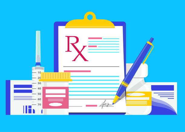 ilustrações de stock, clip art, desenhos animados e ícones de rx medical prescription with bottles therapy pills - prescription doctor rx pharmacist