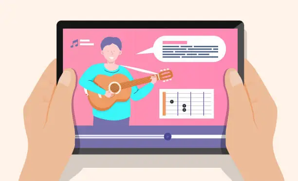 Vector illustration of Online guitar lessons cartoon style