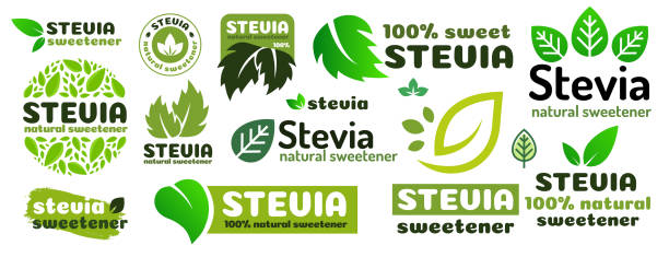 Stevia leaves symbol vector set Stevia leaves symbol vector set. Natural organic stevia sweetener substitute isolated on white background. Eco icon for label, poster, badge, packaging design. Vector 10 eps stevia isolated stock illustrations
