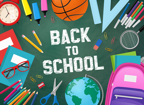 Back to school with green chalkboard background and school items. Vector illustration