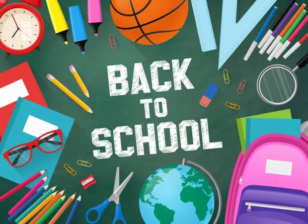 Vector illustration of Back to school with green chalkboard background and school items. Vector illustration
