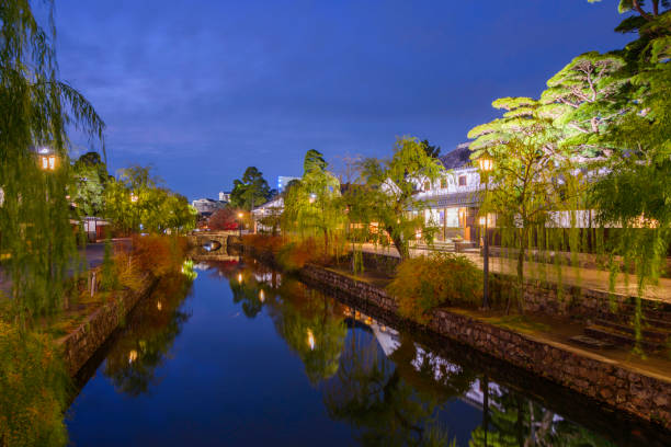 Kurashiki, Okayama, Japan old town canals at night.