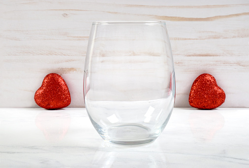 No Stem Wine Glass Mockup with Red Valentine Hearts