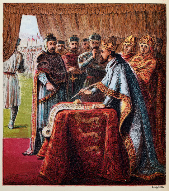 King John signing the Magna Chart, Medieval English history Vintage illustration of King John signing the Magna Charta, Medieval English history. Magna Carta is a royal charter of rights agreed to by King John of England at Runnymede, near Windsor, on 15 June 1215. First drafted by Archbishop of Canterbury, Cardinal Stephen Langton, to make peace between the unpopular king and a group of rebel barons magna carta stock illustrations