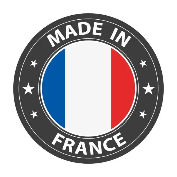 Vector illustration of Made in France badge vector. Sticker with stars and national flag. Sign isolated on white background.