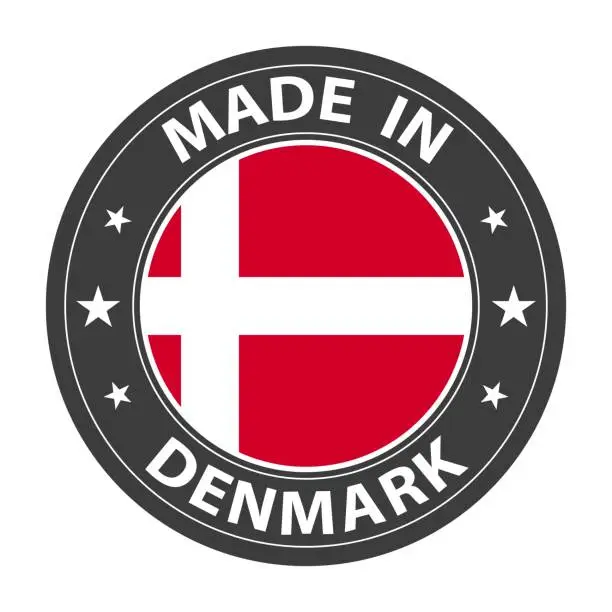 Vector illustration of Made in Denmark badge vector. Sticker with stars and national flag. Sign isolated on white background.