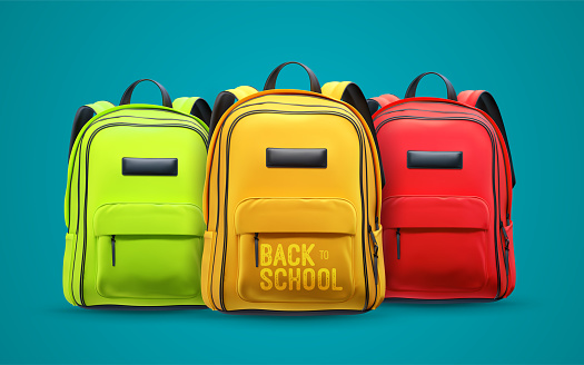 Back to school vintage sign with bright colorful school bags isolated on blue background. Vector 3d illustration with orange, green and red backpacks. Educational banner design