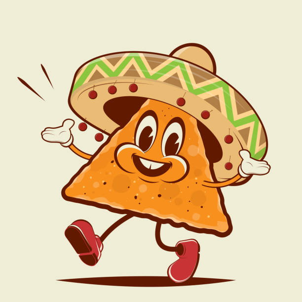 funny illustration of a walking cartoon nacho with sombrero funny illustration of a walking cartoon nacho with sombrero nacho chip stock illustrations