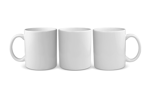 Three views of an 11 ounce coffee mug with a clipping path.