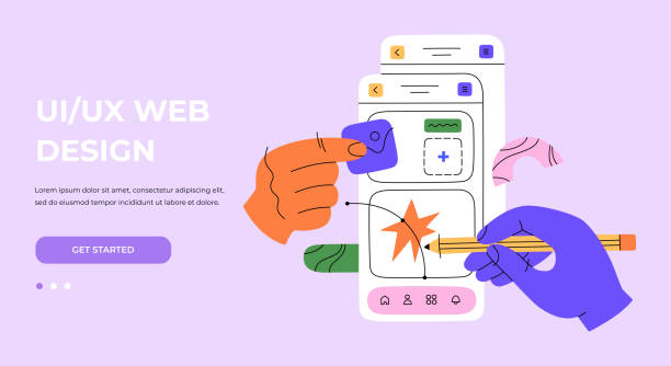 illustrazioni stock, clip art, cartoni animati e icone di tendenza di mani al lavoro sulla creazione di interfacce per siti web e app mobili - esperienza duso illustrazioni